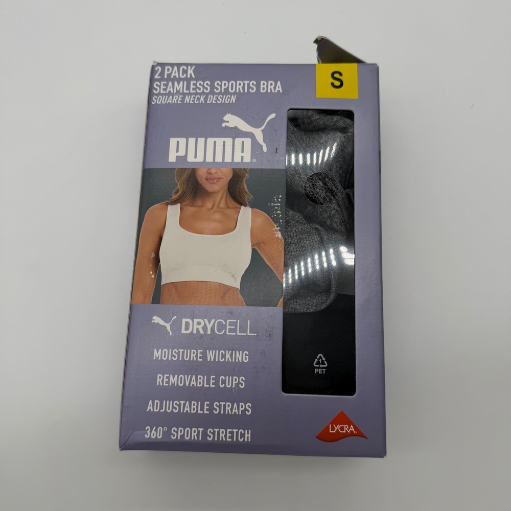 Puma 2 Pack Seamless Sports Bra Square Neck DryCell Grey Black Small 2323